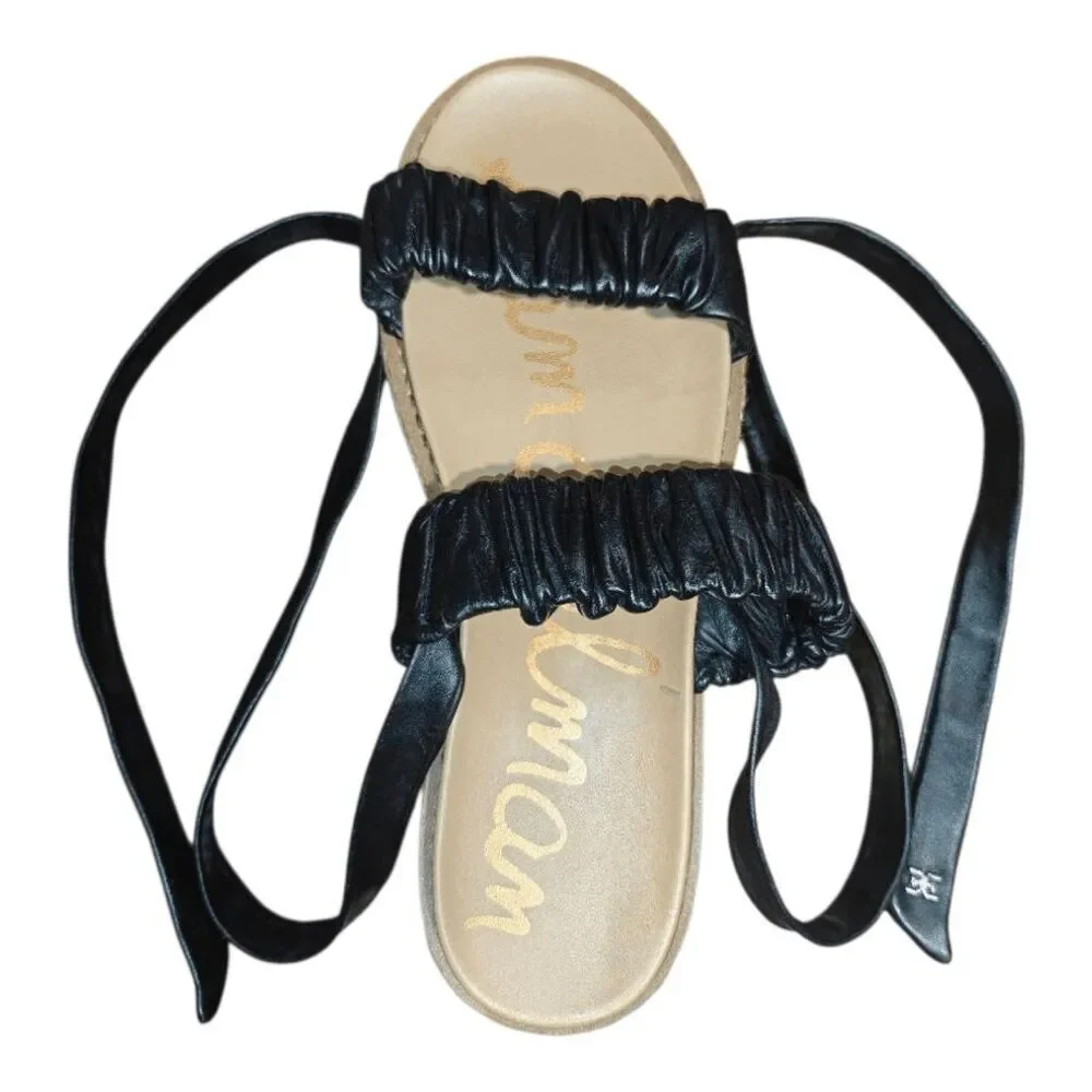 SAM EDELMAN Kerin Black Leather Wraparound Ankle Espadrille Platform Sandals Siz